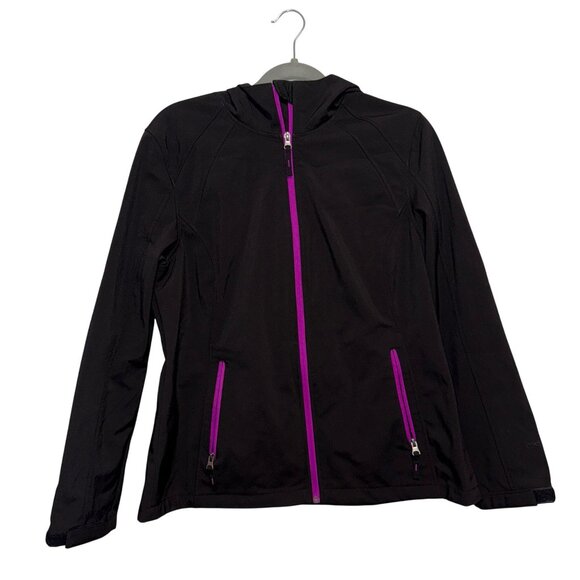 Free Tech Womens Black Softshell Jacket With Hood & Purple Accents Size L - Picture 1 of 7